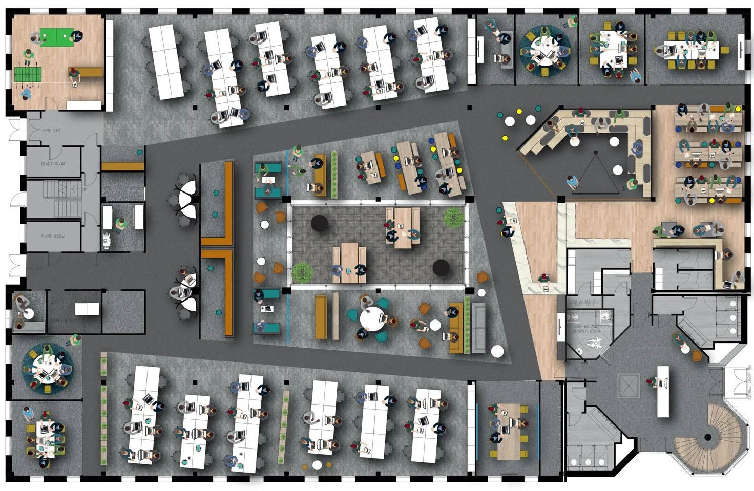 Coloured presentation space plan of an open-plan office