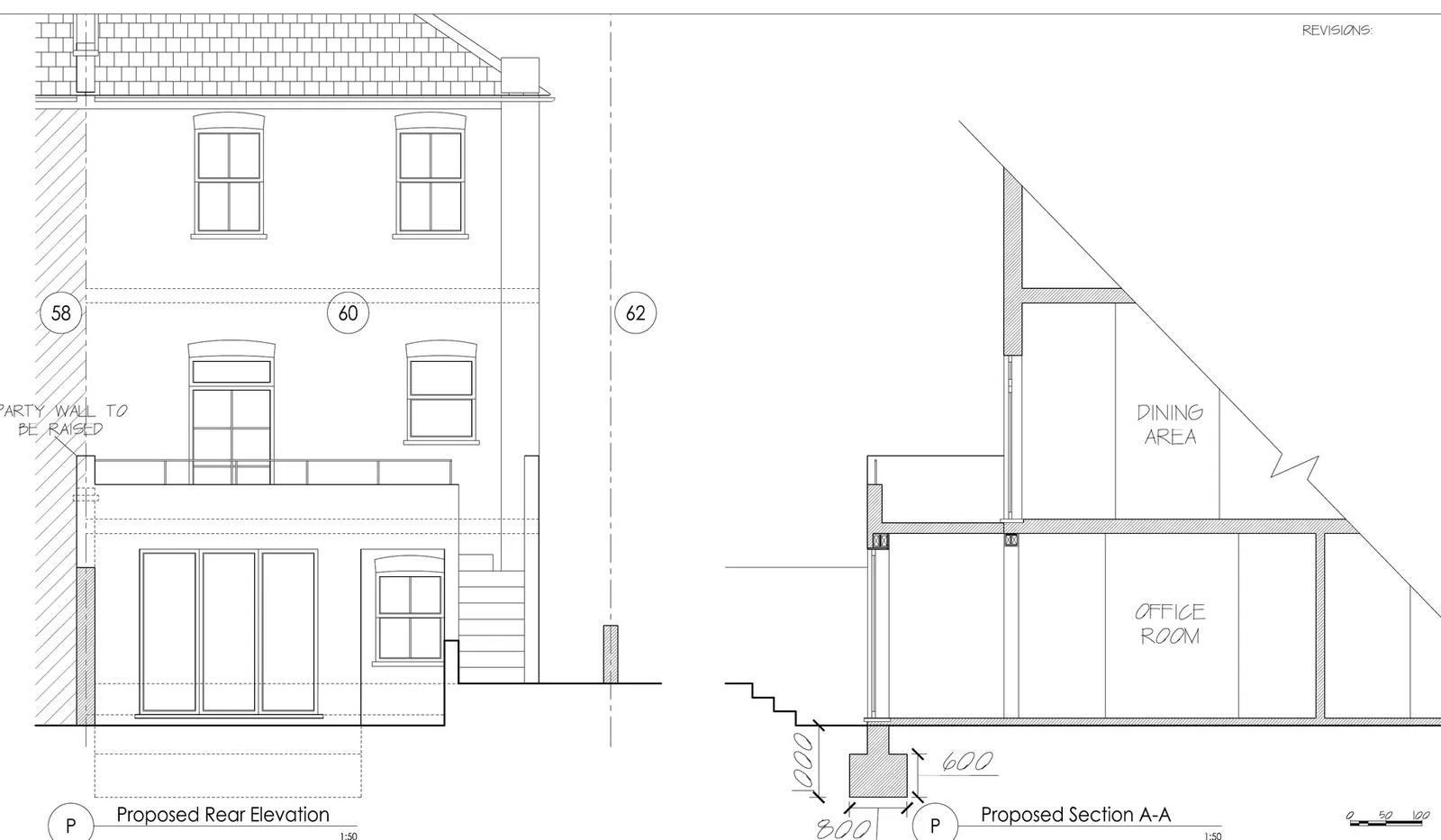 Proposed rear elevation and section of a ground floor extension
