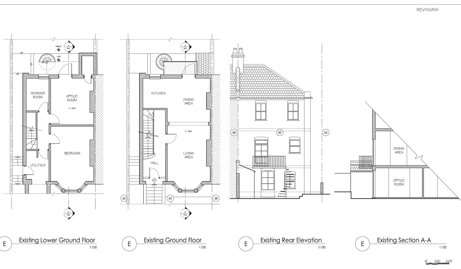 Existing plans, rear elevation and section of a terraced house