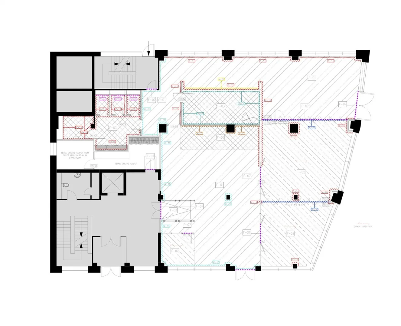 Floor and wall finishes plan with coloured setting-out