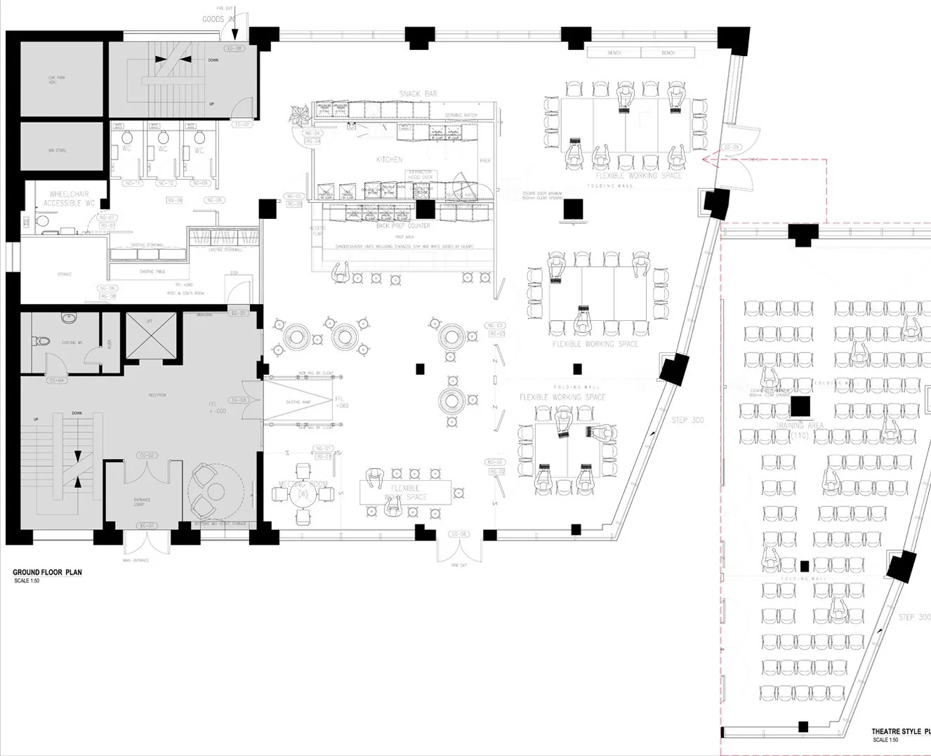 General arrangement plan of an office and bar floor