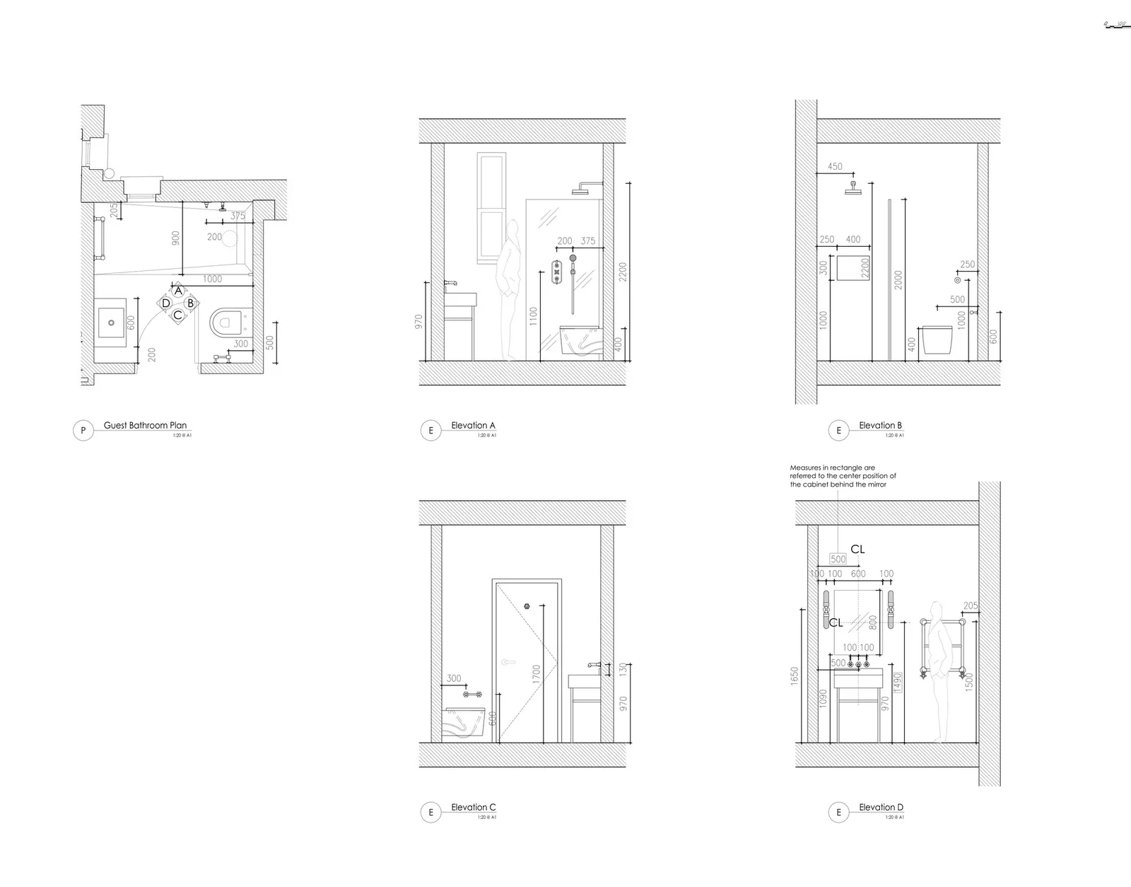 Guest bathroom plan and four wall elevations