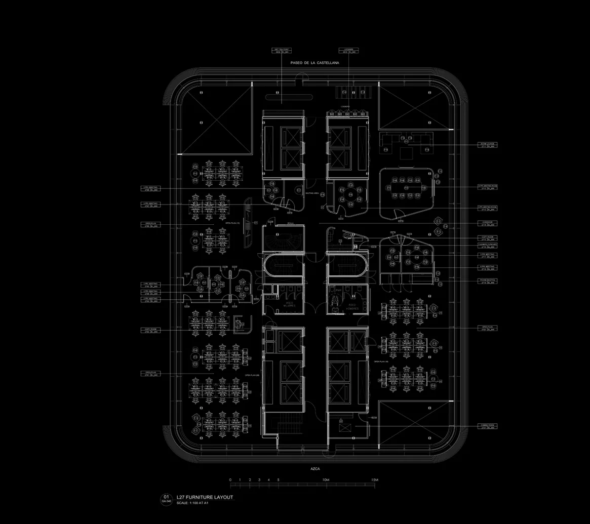 Office floor furniture layout, white lines on black