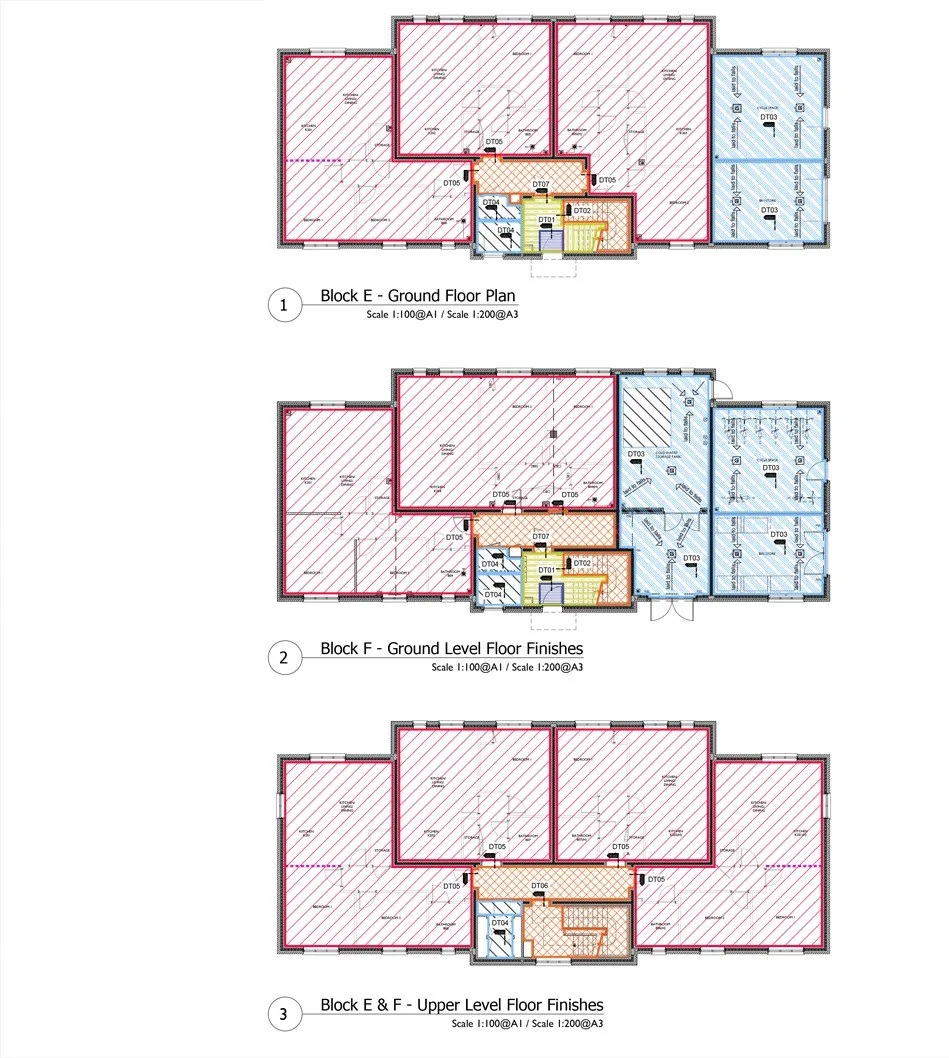 Colour-coded floor finishes plans for three floors of a block