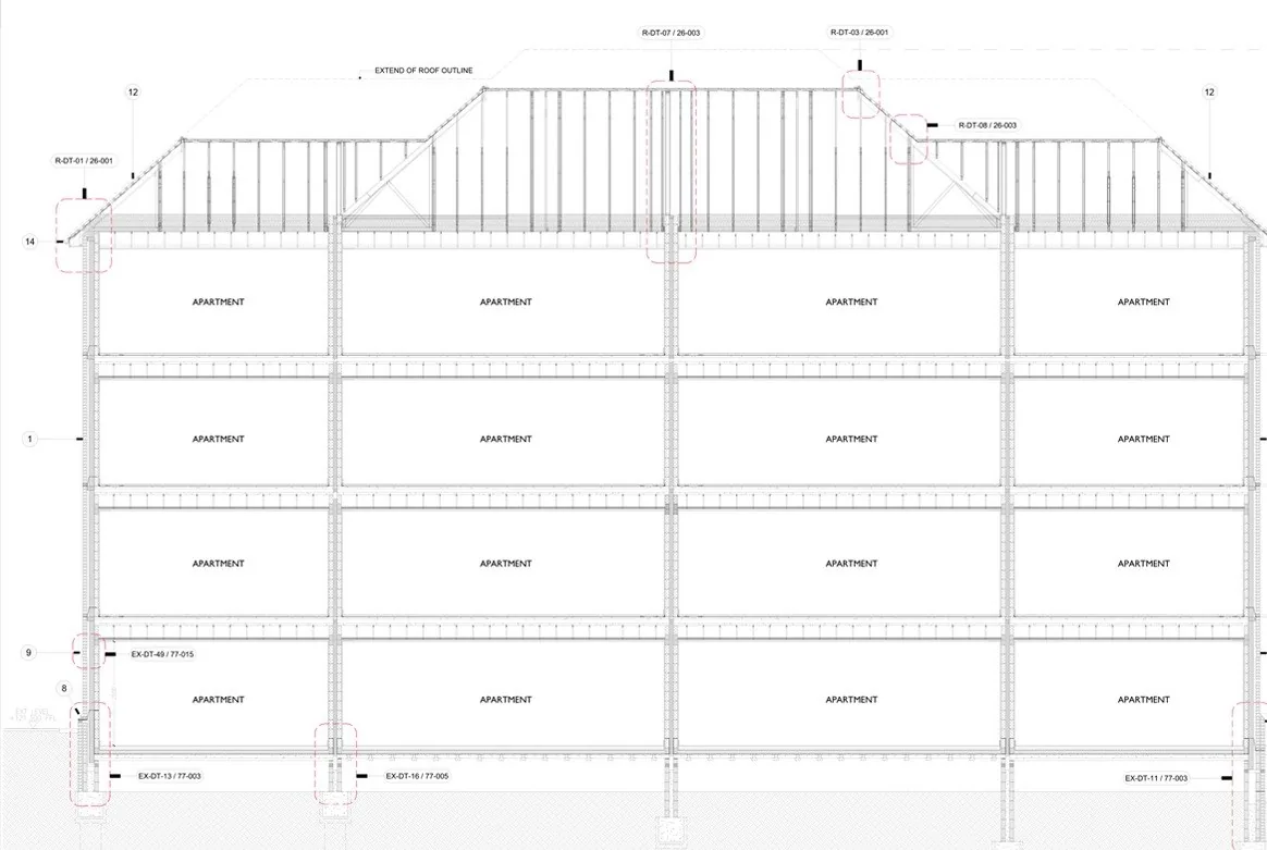 Section through a four-storey block of flats
