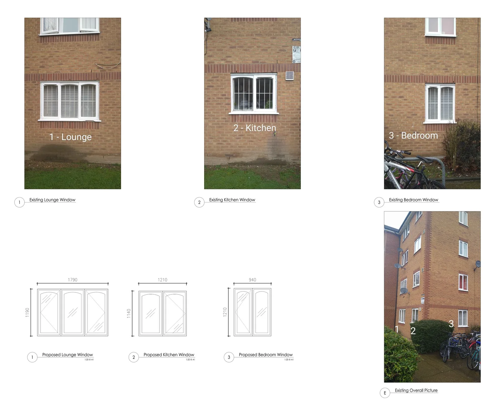 Window replacement schedule with photos of existing windows and proposed window elevations